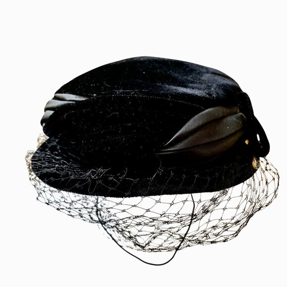 Vintage Black Velvet Satin Pillbox Hat Veil 1950s 60s Cocktail Formal main image 9